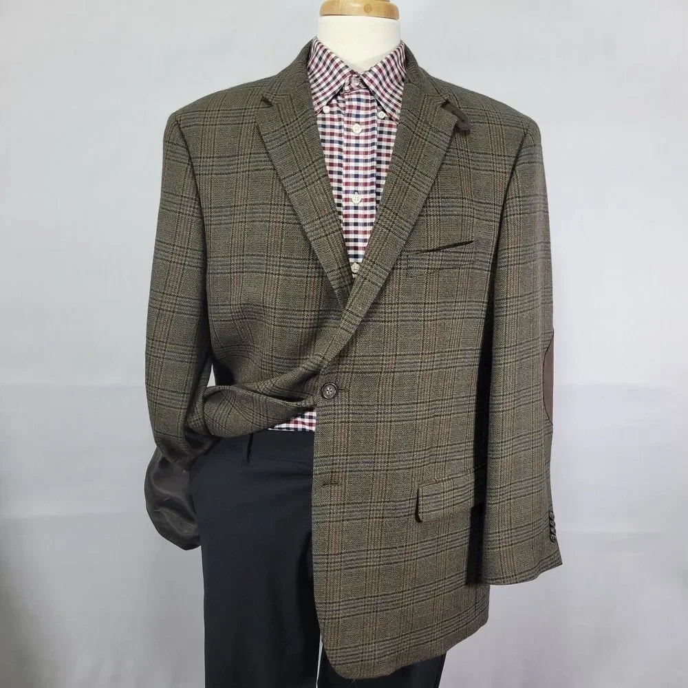 Tommy Hilfiger Mens Sport Coat Blazer Two Button Brown Multicolor Plaid Wool 46R